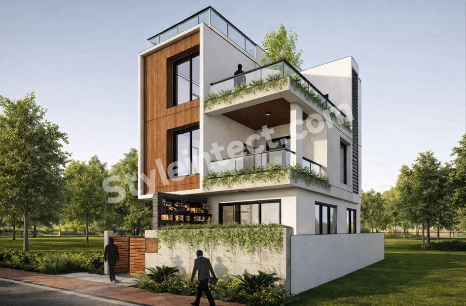Modern House Exterior Design with Rooftop Terrace – Contemporary 3 Floor House Elevation for Urban Living