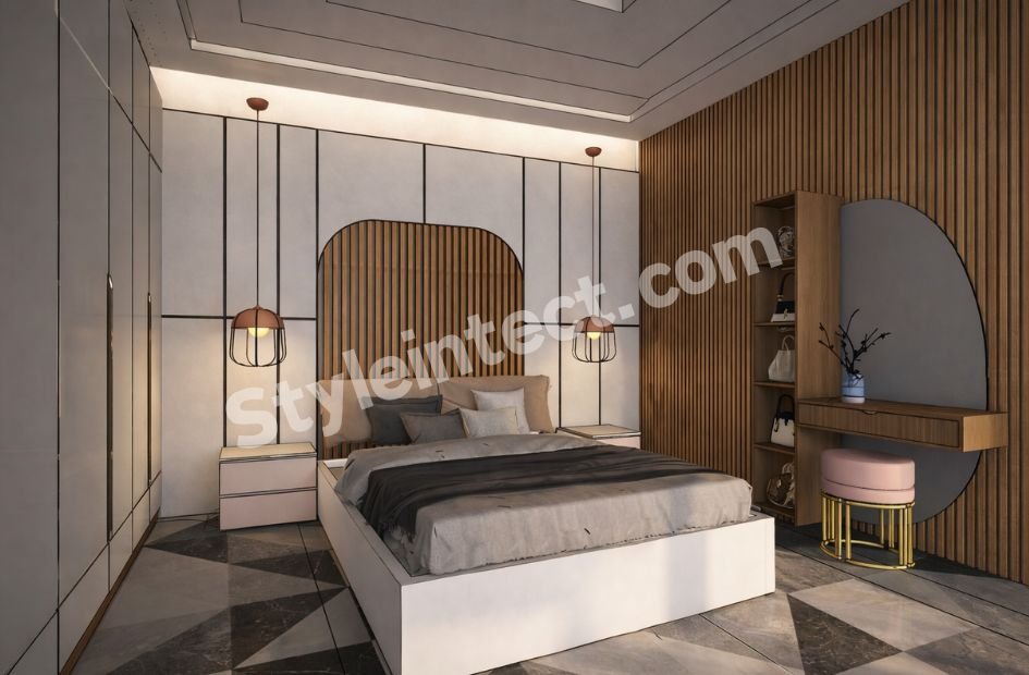 Modern Luxury Bedroom Interior Design with Elegant Wardrobe, Wooden Paneling, and Smart Space Planning