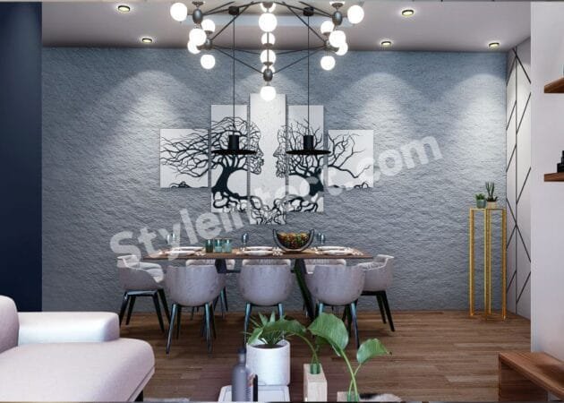 Modern Dining Room Interior Design with Textured Feature Wall, Statement Chandelier, and Contemporary Home Interiors