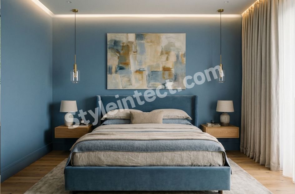 Modern Blue Bedroom Interior Design with Soft Luxury Style for Elegant Contemporary Homes