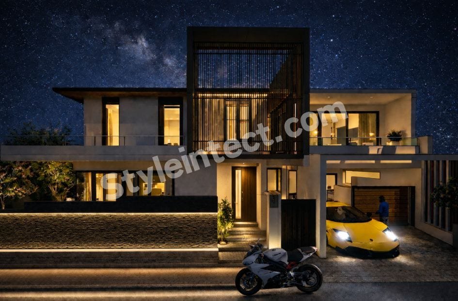 Affordable Architect Exterior Design – SkyFrame Modern Villa | Contemporary Two-Storey House Front Elevation Design