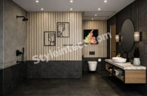 Modern Luxury Bathroom Interior Design with Wood Slat Walls and Matte Black Fixtures