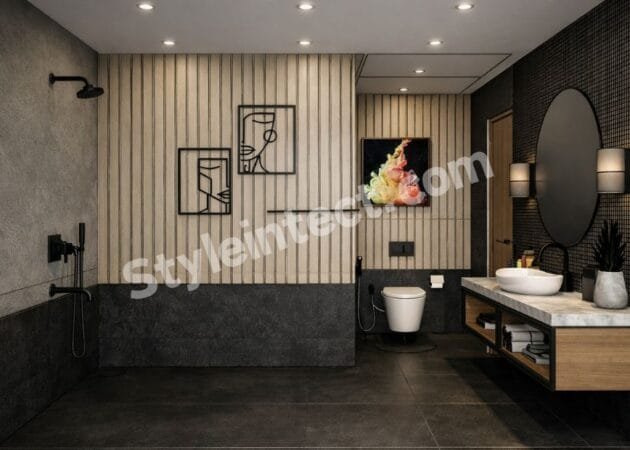 Modern Luxury Bathroom Interior Design with Wood Slat Walls and Matte Black Fixtures