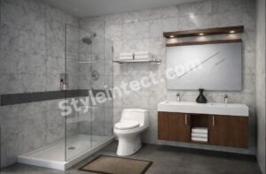 Modern Marble Bathroom Interior Design with Floating Vanity and Glass Shower Enclosure