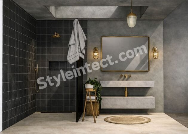 Modern Industrial Bathroom Interior Design with Dark Tiles and Floating Vanity