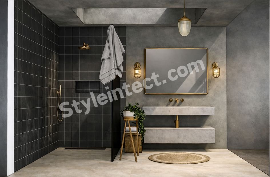 Modern Industrial Bathroom Interior Design with Dark Tiles and Floating Vanity