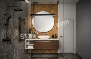 Modern Wooden Bathroom Interior Design with Glass Shower Enclosure and Luxury Stone Tile Finish