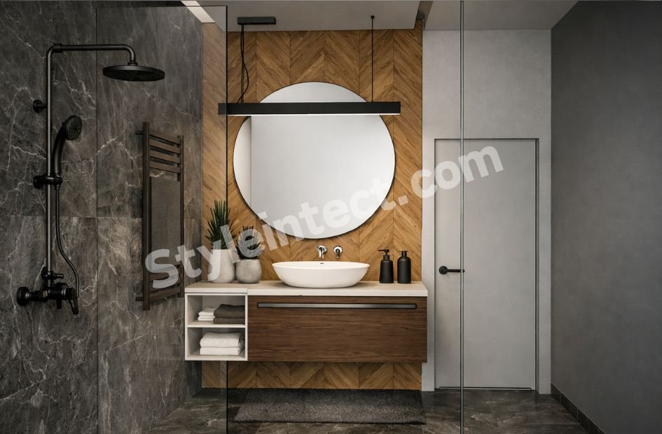 Modern Wooden Bathroom Interior Design with Glass Shower Enclosure and Luxury Stone Tile Finish