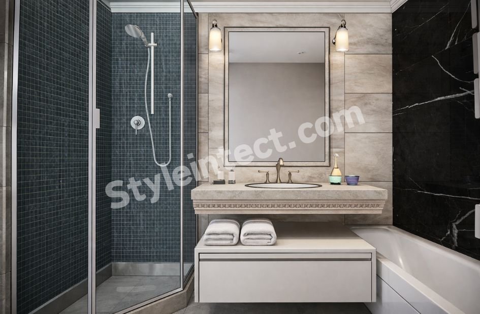 Modern Grey and Black Bathroom Interior Design with Glass Shower Enclosure and Smart Space Planning