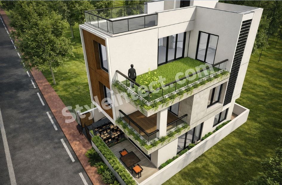 Modern House Exterior Design with Rooftop Terrace – Contemporary 3 Floor House Elevation for Urban Living