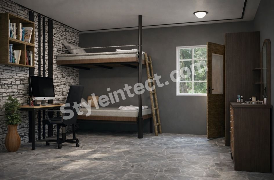 Modern Industrial Bedroom Interior Design with Smart Bunk Bed Storage and Workspace