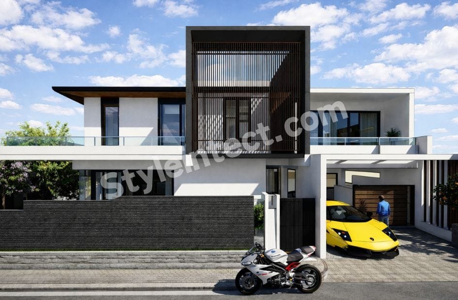 Affordable Architect Exterior Design – SkyFrame Modern Villa | Contemporary Two-Storey House Front Elevation Design