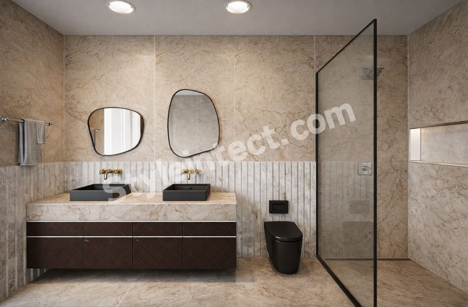 Modern Luxury Bathroom Interior Design with Double Vanity, Glass Shower & Premium Marble Finish
