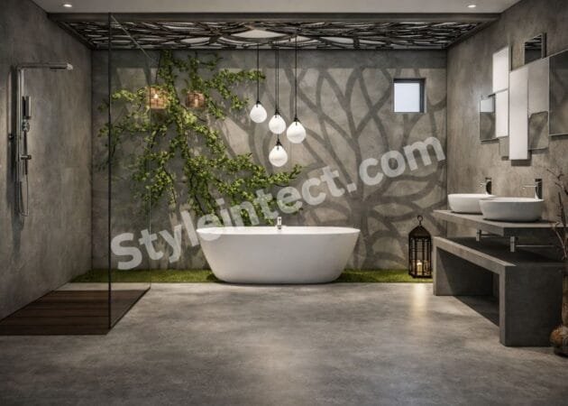 Luxury Modern Bathroom Interior Design with Glass Shower, Freestanding Bathtub & Nature-Inspired Elegant Decor