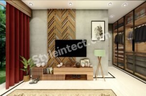 Modern Bedroom Interior Design with a Wooden TV Panel and Glass Wardrobe for a Stylish Luxury Home