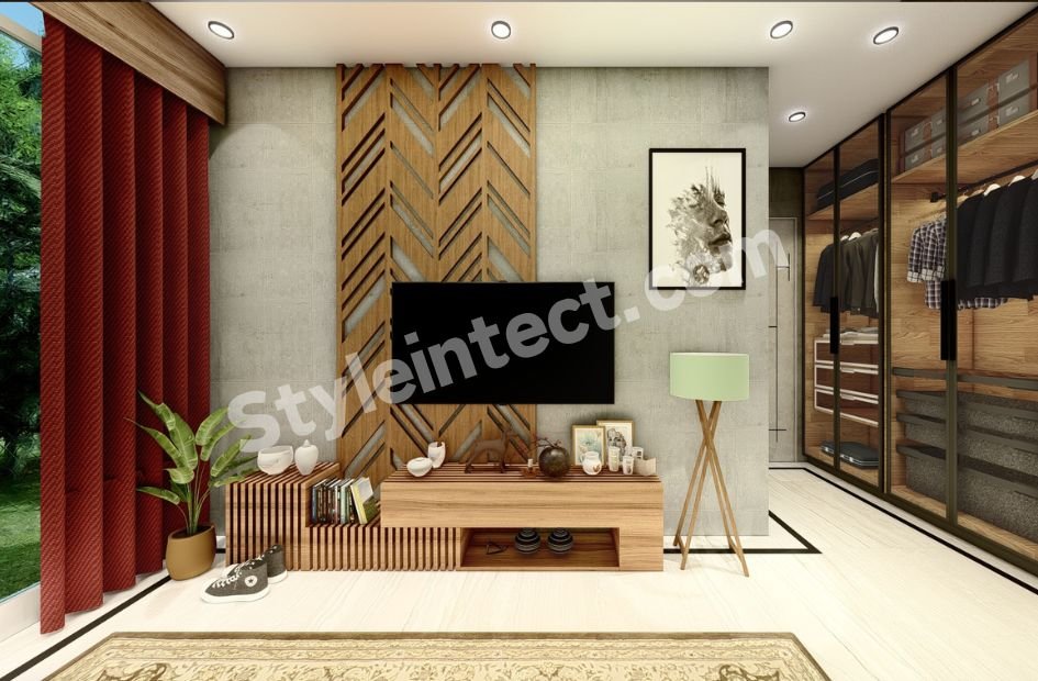 Modern Bedroom Interior Design with a Wooden TV Panel and Glass Wardrobe for a Stylish Luxury Home