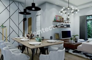 Modern Open-Plan Living Room and Dining Room Interior Design with Contemporary Lighting and Smart Space Planning