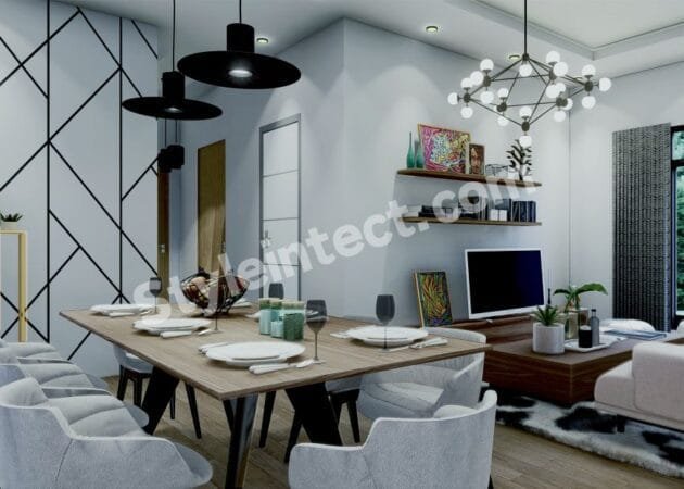 Modern Open-Plan Living Room and Dining Room Interior Design with Contemporary Lighting and Smart Space Planning