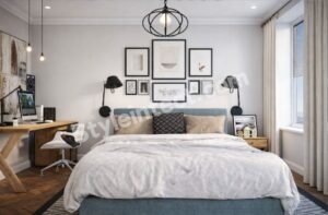 Modern Minimalist Bedroom Interior Design with a Functional Home Office Setup