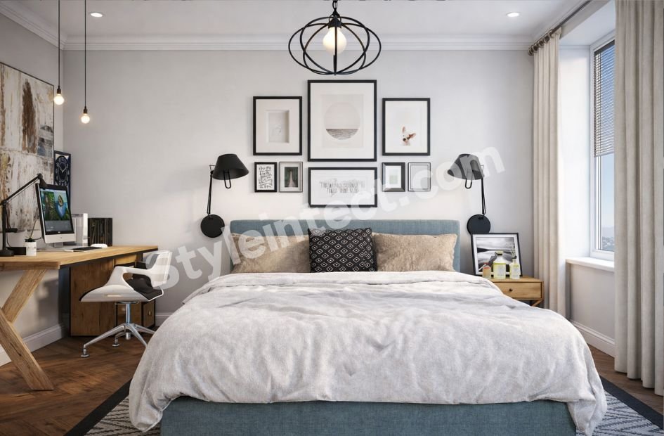 Modern Minimalist Bedroom Interior Design with a Functional Home Office Setup