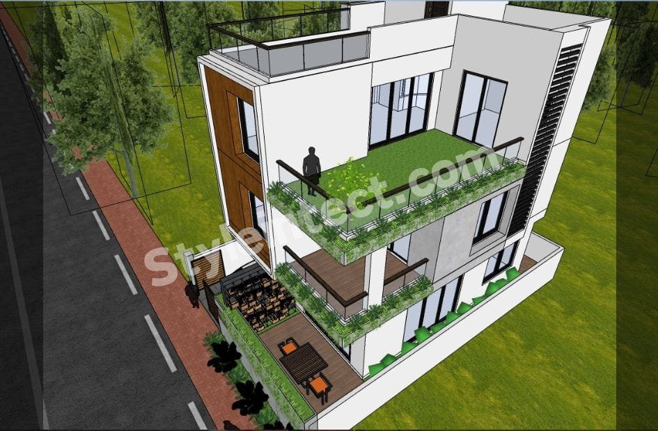 Modern House Exterior Design with Rooftop Terrace – Contemporary 3 Floor House Elevation for Urban Living