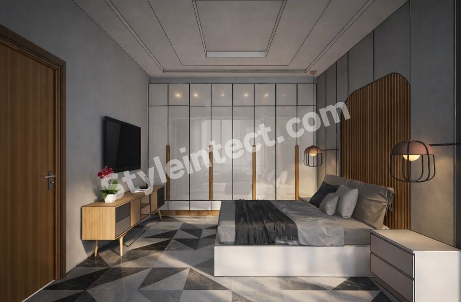 Modern Luxury Bedroom Interior Design with Elegant Wardrobe, Wooden Paneling, and Smart Space Planning