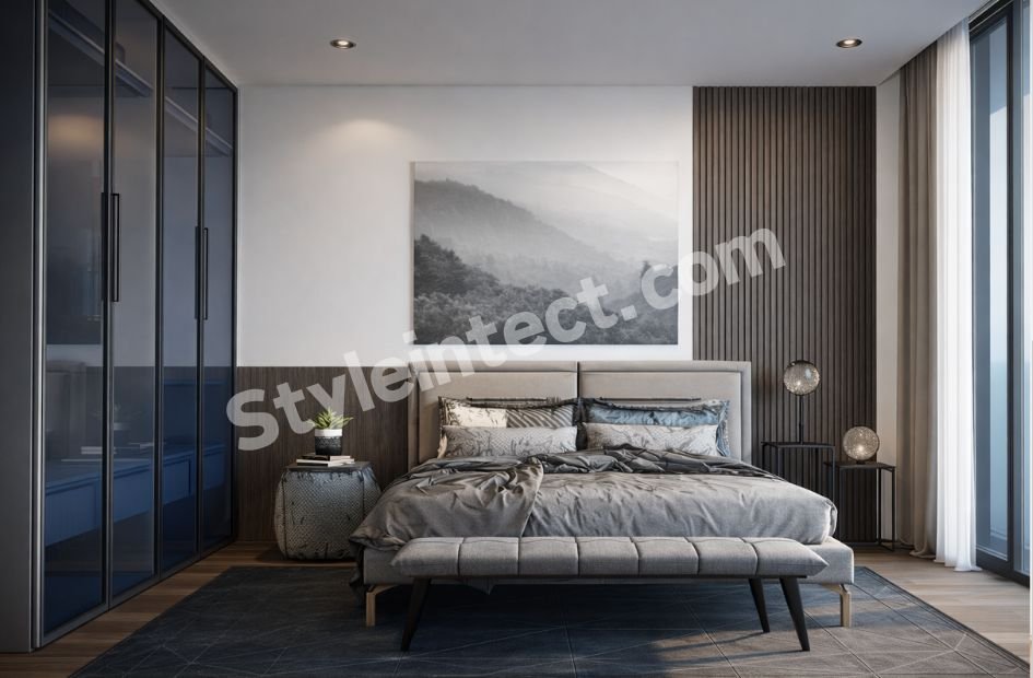 Modern Luxury Bedroom Interior Design with Floor-to-Ceiling Glass Wardrobe