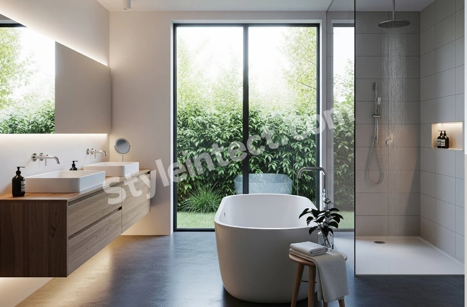 Modern Nature-Inspired Bathroom Interior Design with Floating Wood Vanity and Luxury Walk-In Shower