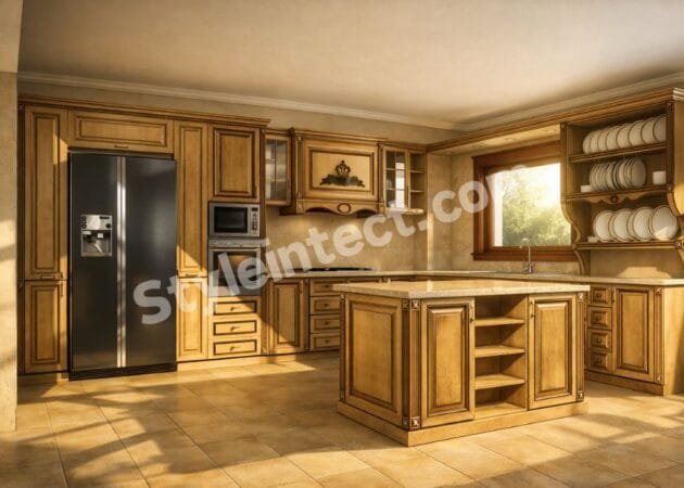 Luxury Classical Modular Kitchen Design with U-Shaped Wooden Kitchen, Solid Wood Cabinets, Granite Countertop, Central Island and Elegant Classical Interior