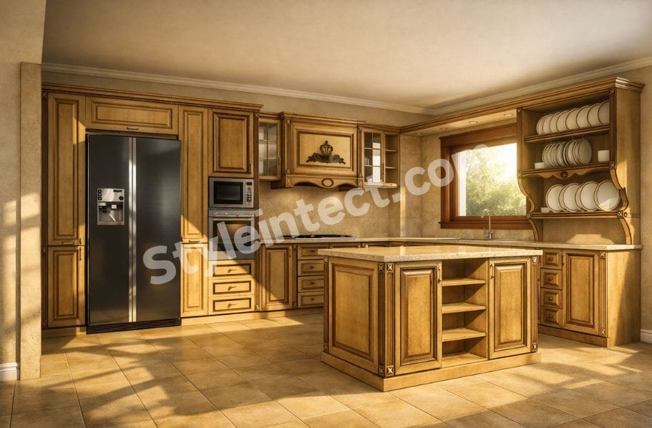 Luxury Classical Modular Kitchen Design with U-Shaped Wooden Kitchen, Solid Wood Cabinets, Granite Countertop, Central Island and Elegant Classical Interior