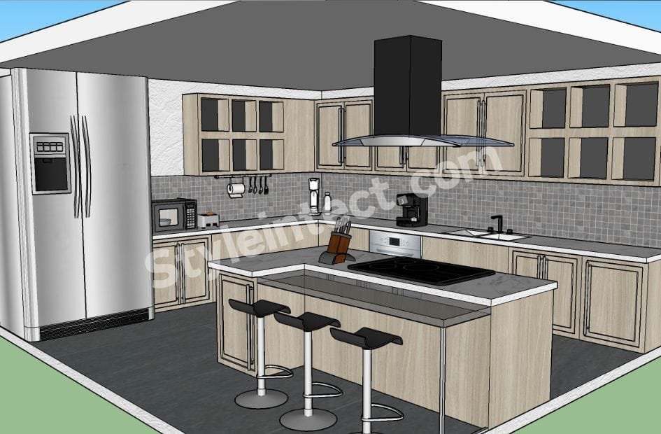 Modern Modular Kitchen Design with U-shaped layout, light wood cabinets, glass-front storage, kitchen island, stone countertop, grey backsplash, stainless steel appliances, and contemporary interior by StyleIntect