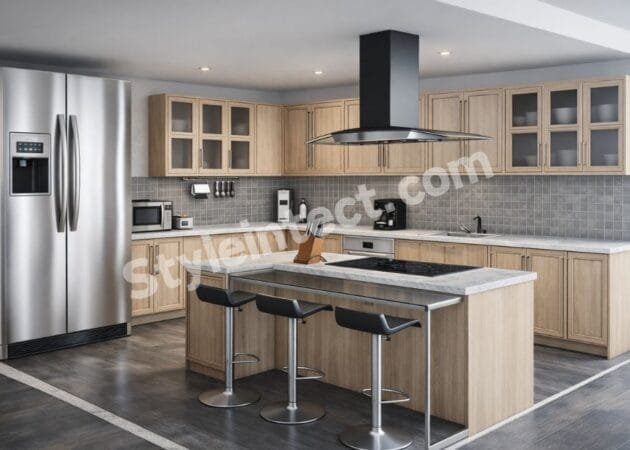 Modern Modular Kitchen Design with U-shaped layout, light wood cabinets, glass-front storage, kitchen island, stone countertop, grey backsplash, stainless steel appliances, and contemporary interior by StyleIntect