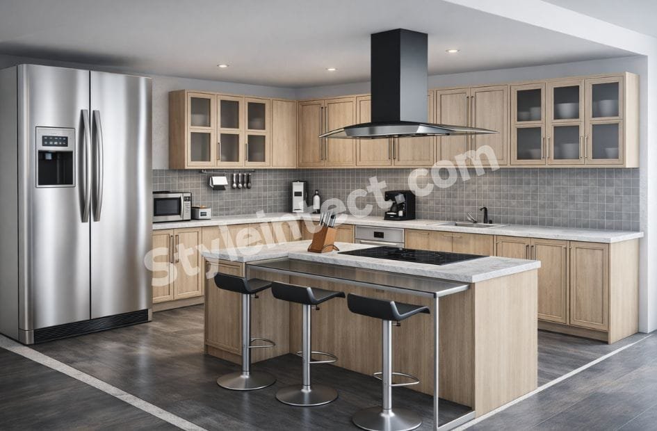 Modern Modular Kitchen Design with U-shaped layout, light wood cabinets, glass-front storage, kitchen island, stone countertop, grey backsplash, stainless steel appliances, and contemporary interior by StyleIntect