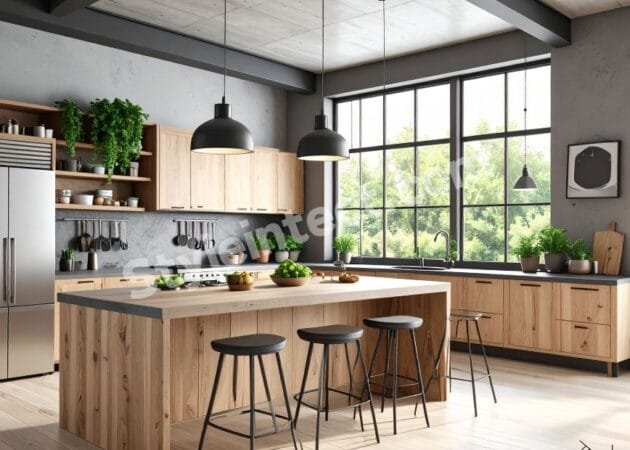 Modern Industrial Modular Kitchen Design with natural wood cabinets, island kitchen, grey countertops, open shelving, black pendant lights, and large black-framed windows.