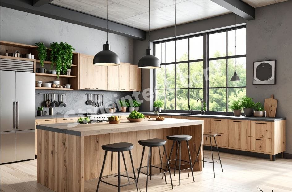 Modern Industrial Modular Kitchen Design with natural wood cabinets, island kitchen, grey countertops, open shelving, black pendant lights, and large black-framed windows.
