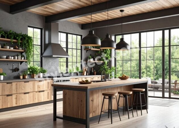 Modern Rustic Kitchen Design with natural wood cabinets, spacious island, black pendant lights, open shelving, and large glass windows by StyleIntect