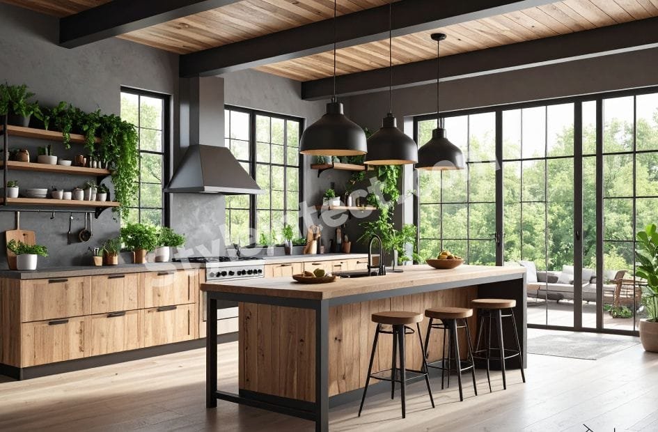 Modern Rustic Kitchen Design with natural wood cabinets, spacious island, black pendant lights, open shelving, and large glass windows by StyleIntect